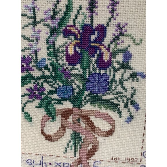 Framed Handmade Floral Needlework "Rosemary Flax Iris Lavender Borage Chicory" 1 - Picture 6 of 11